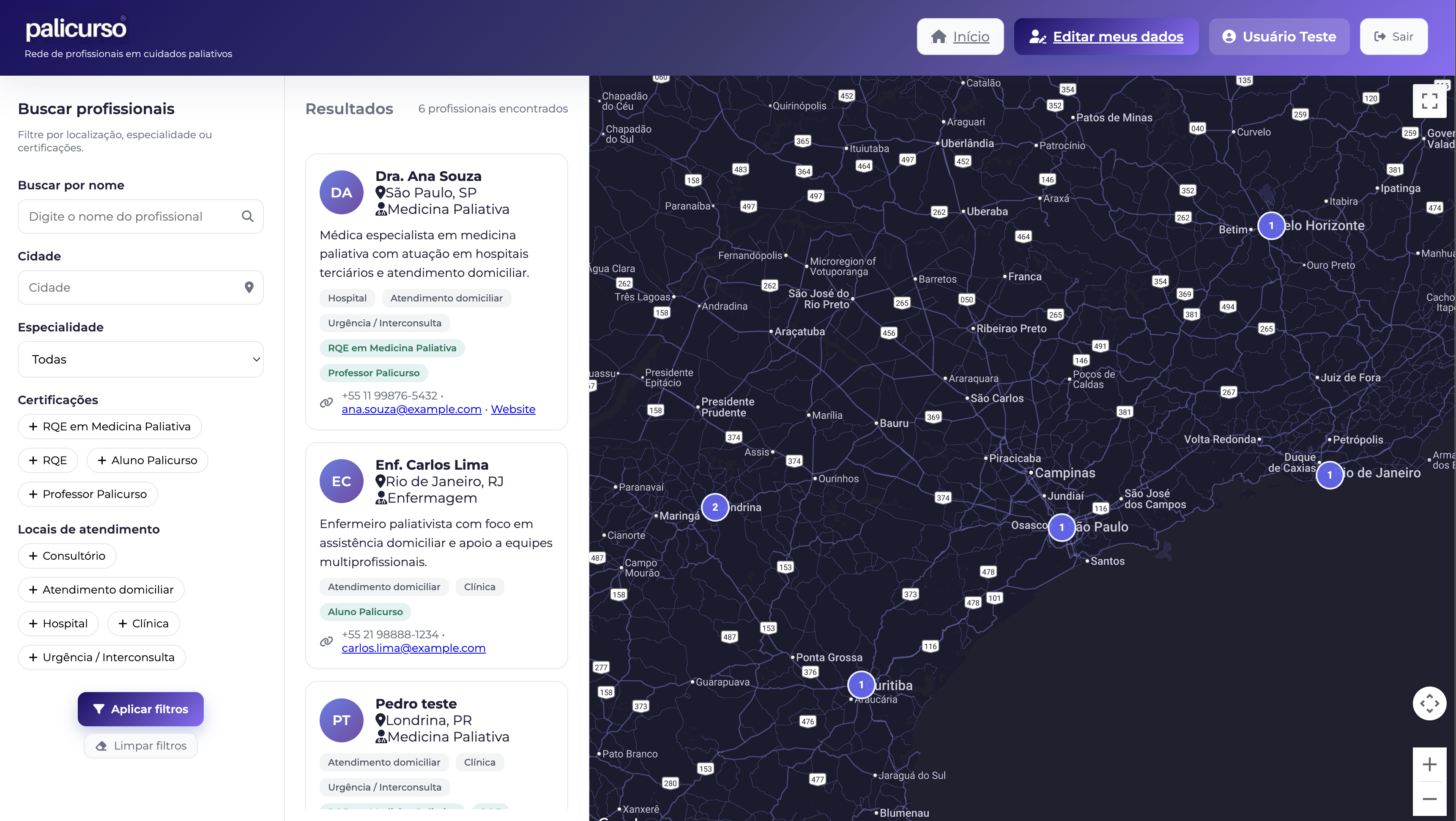Interface do mapa Palicurso mostrando profissionais espalhados pelo Brasil