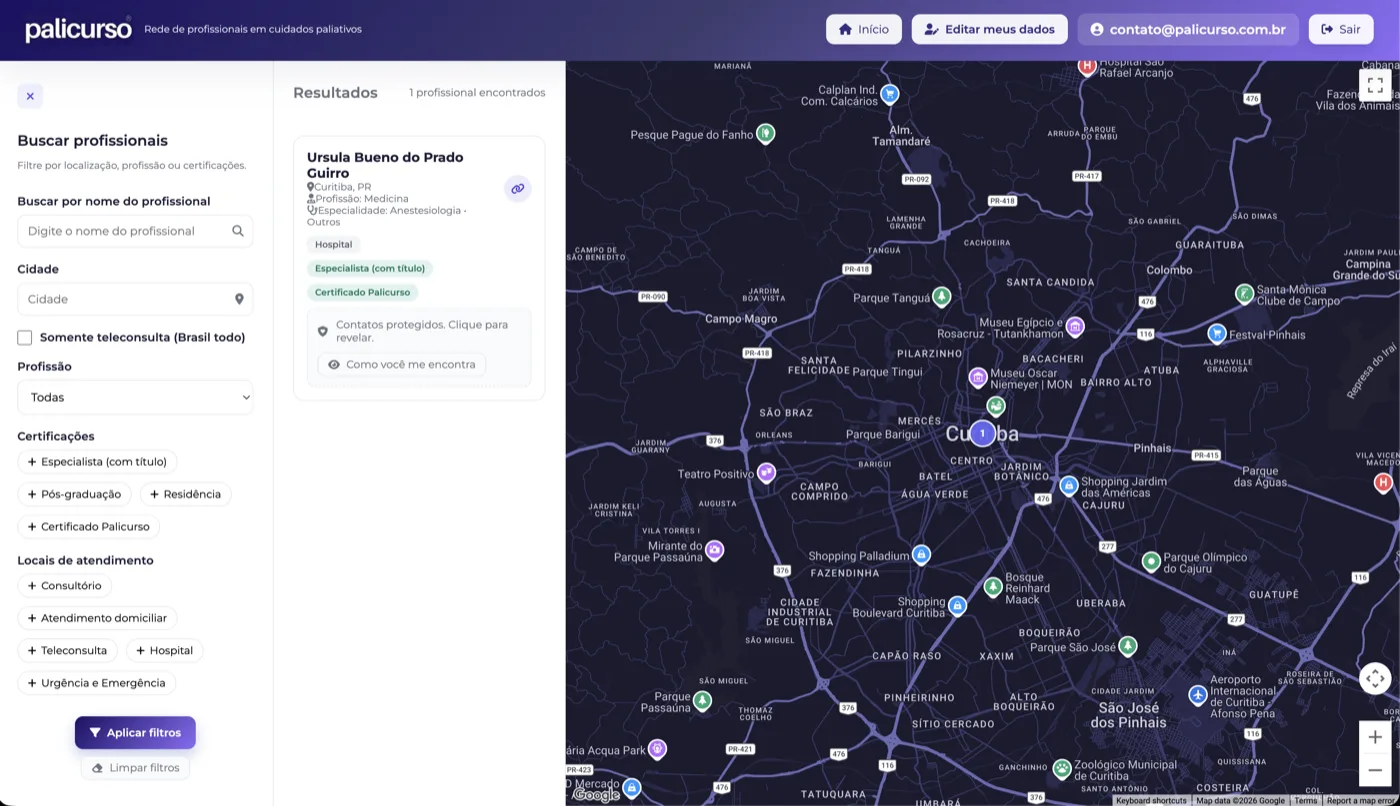 Interface do mapa Palicurso mostrando profissionais espalhados pelo Brasil